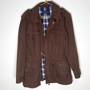 Club Room Chocolate Brown Barn Jacket Coat Plaid Blue L/XL